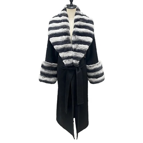 Long cashmere coat with Rex rabbit fur chinchilla colored