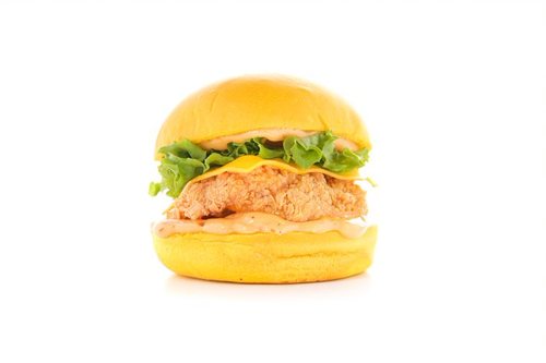 SPICY CHICKEN BURGER - Freshly baked Potato bun, Crispy Fried Chicken Fillet, Lettuce, Cheddar Cheese Served with Spicy Sauce.