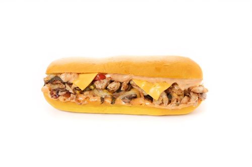 Trend Burger - CHICKEN STEAK - Sautèèd Bell Peppers, Mushroom, Onion, Seasoned Grilled Chicken, Cheddar,Mozzarella Cheese doused with Trend Special Sauce served in freshly baked Potato bun.