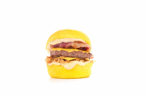 BACON DOUBLE CHEESEBURGER - Freshly baked Potato bun, Certified Angus Beef Patty,Smokey Bacon, Cheddar Cheese, Fried Onion, served with Trend Special Sauce.