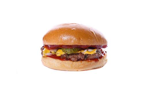 Trend Burger - CHEESE BURGER - Freshly baked Milk Bun, perfectly grilled Certified Angus Beef, Topped with Cheddar Cheese, Pickles, Chopped Onions and Ketchup.