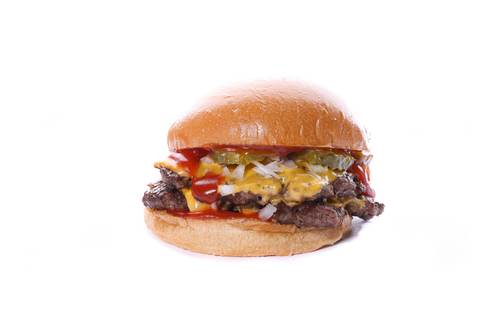 DOUBLE CHEESE BURGER - Freshly baked Milk Bun, perfectly grilled Certified Angus Beef, Topped with Cheddar Cheese, Pickles, Chopped Onions and Ketchup.