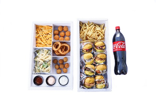 GATHERING BOX - 8 Slider Sandwiches, Chicken Croquettes, Mixed Cheese Pasta, Mushroom Cheeseballs, Onion Rings, Original Fries, Cheese Fries and Cola 1.5 Liter