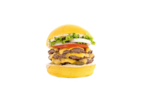 TRIPLE BEEF BURGER - Freshly baked Potato bun, 3 Certified Angus Beef Patty, Lettuce, Cheddar Cheese,Hand-picked Tomato, Dill Pickles, Fresh Onion served with Trend Special Sauce.