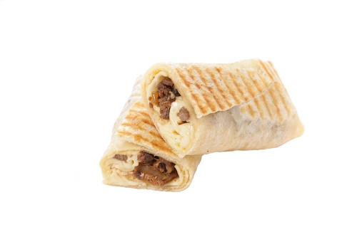 BEEF STEAK WRAP - Caramelized Onion and Mushroom, Seasoned Grilled Beef, Barbeque sauce,White Cheddar and Mozzarella Cheese wrapped in Tortilla Bread.