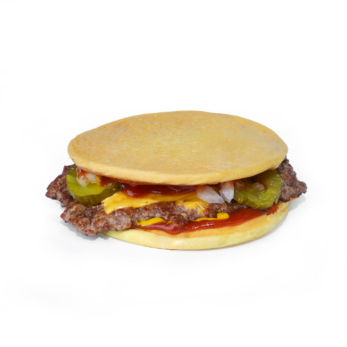 Trend Burger - Cheese Flat Burger - Perfectly grilled certified angus beef topped with chopped onions, cheddar cheese, pickles, ketchup and Mustard in freshly baked milk bun.