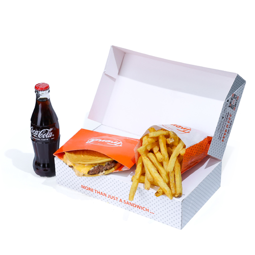 Trend Burger - Original Flat Burger Meal - Freshly baked potato bun certified angus beef patty, cheddar cheese, trend special sauce., french fries served with one choice of soft drink.