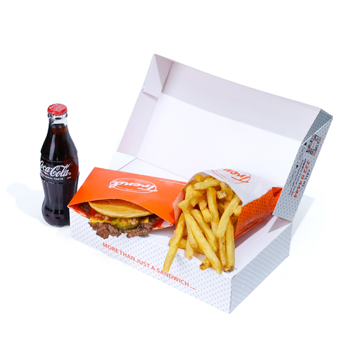 Cheese Flat Burger Meal - Perfectly grilled certified angus beef topped with chopped onions, cheddar cheese, pickles, ketchup and Mustard in freshly baked milk bun, French fries served with one choice of soft drink.