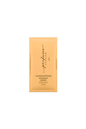 SANDALWOOD REFRESHING TOWEL - A towel box contain with 100 pieces  INGREDIENTS : LEATHER, CEDARWOOD, VETIVER, ALM OND, TONKA BEANS, CITR US NOTES, ROSEM ARY, ORANGE BLOSSOM