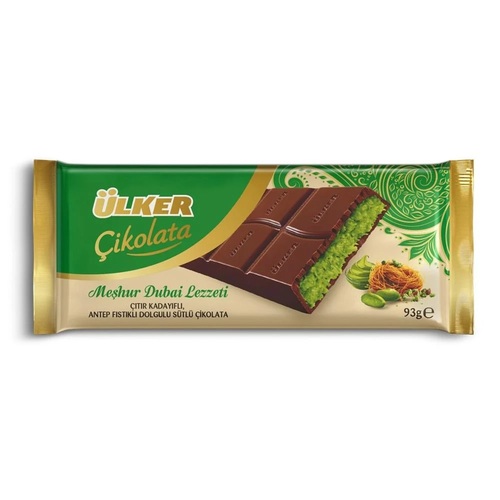 Ulker Dubai Chocolate With Pistachio Filling Milk Chocolate Bar 93 g - Ulker Dubai Chocolate With Pistachio Filling Milk Chocolate Bar 93 g