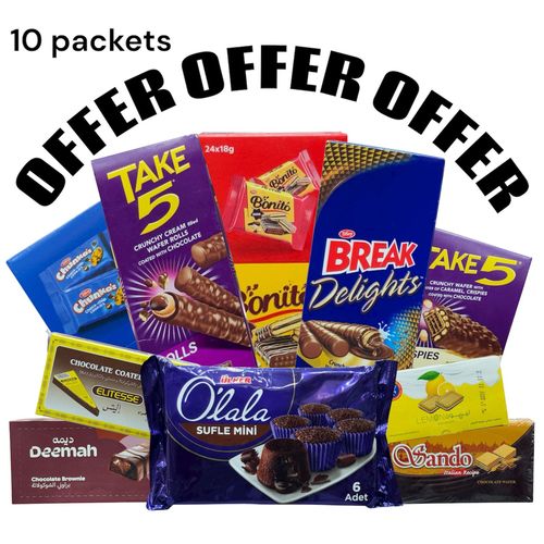 Offer Deemah Brownie Cake With Chocolate 12x37 g + Elitesse Triangle 24 PCS X 23 g + Almatahen Lemon - Deemah Brownie Cake With Chocolate 12x37 g + Elitesse Triangle 24 PCS X 23 g + Almatahen Lemon Sandwich With Lemon Cream Filled 18 PCS X 15 g + Tiffany Chunkos Choco Chip Cookies 10 PCS X 40 g + Sando Itaian Recipe Chocolate Wafer 24 Pcs X 32 gm made in Indonesia + Break Delights 12 PCS X 21 g + Take 5 Rolls Cream Filled Wafer 12 PCS X 21 g + Take 5 Chocolate Krispies Crunchy Wafer 12 PCS X 28 g + Tiffany Bonito Chocolate Coated Cream Biscuit 24 PCS X 18 g + Ulker Olala Cake Chocolate Brownie Mine 6 Pcs 162 g
