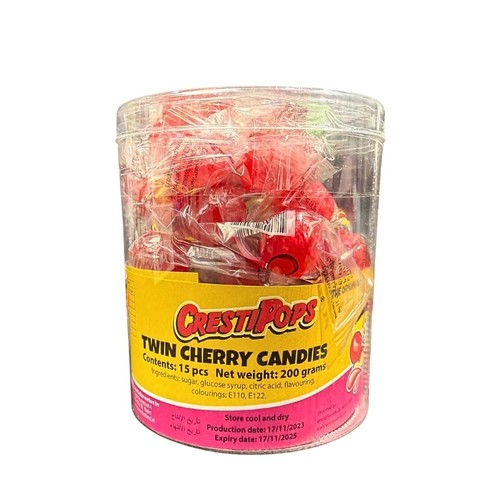 Crest Twin Cherry Lollipop Small Jar 15 PCS 200 g - Crest Twin Cherry Lollipop Small Jar 15 PCS 200 g