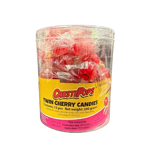 Crest Twin Cherry Lollipop Small Jar 15 PCS 200 g - Crest Twin Cherry Lollipop Small Jar 15 PCS 200 g