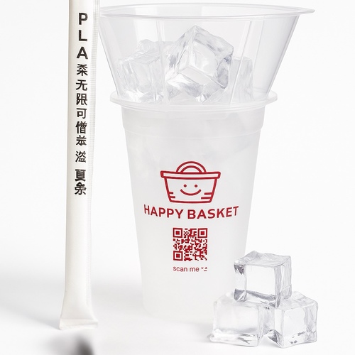 Glass Happy Basket With Ice - Ramen or noodles Cup.&nbsp;A transparent plastic cup with the Happy Basket logo, featuring a top strainer for holding Ramen or noodles or fresh fruits, and a PLA eco-friendly straw. Perfect for serving cold beverages in a stylish and practical way.
Made from eco-friendly and recyclable materials.