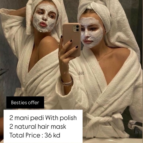 besties offer - 2 mani pedi with polish  2 natural hair mask  ——————— عرض الصديقات  مع صبغ ٢ منكير بدكير  ٢ خلطه طبيعيه