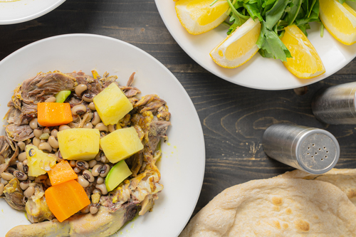 Laham Ras with vegetables - Mutton head meet without tongue with sautéed vegetables potato,
  zucchini, bean and carrot.