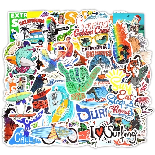 Surf stickers - California beach 50 pieces waterproof Size: 4-10 cm