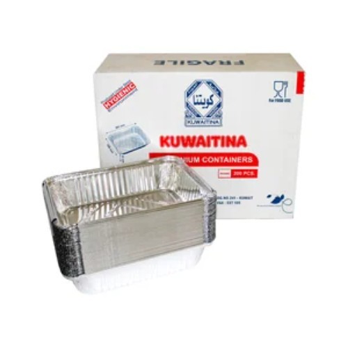 CARTON 200 PCS KUWAITINA ALUMINIUM CONTAINERS 1850cc - qty : 200 pcs - top size : 26.2 cm × 19.2 cm - height : 6.2 cm - bottom : 21.9 cm × 14.9 cm - pure100%