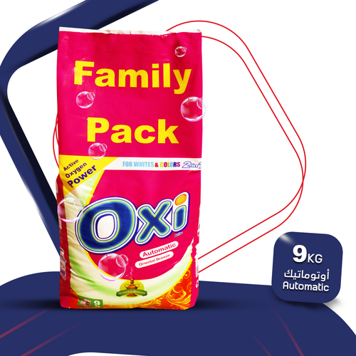 OXI AUTOMATIC POWDER DETERGENT 9 KG - ORIENTAL BREEZE - oxi 9 kg for automatic washing machines 
 Family Pack 
 components ensure the safety of all clothes without any residue on your clothes 
 with the power of effective oxygen for white & colors clothes