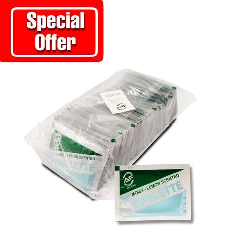 1 PACKET 50 PIECES MOIST WIPES - LEMON - help clean up before or after a meal or for use with minor cuts, scrapes and burns