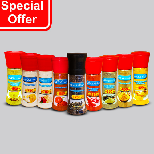 SPICES BOTTLES PACKAGE - black pepper seeds grinder black pepper powder bottle paprika powder bottle red chili powder bottle turmeric powder bottle coriander powder bottle onion powder bottle garlic powder bottle cumin powder bottle