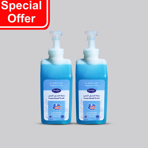 OFFER 2 PCS FOAM HAND WASH 1000 ML QUALITY - A 1000 ml bottle of Quality foam hand wash with the distinctive Elegance scent and blue color that lasts a long time and gives a feeling of freshness.