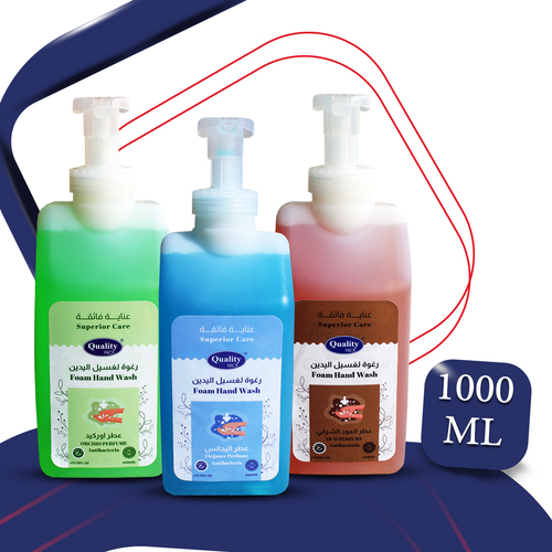 QUALITY FOAM HAND WASH 1000 ML - A 1000 ml bottle of Quality foam hand wash with the distinctive Elegance scent and blue color that lasts a long time and gives a feeling of freshness.