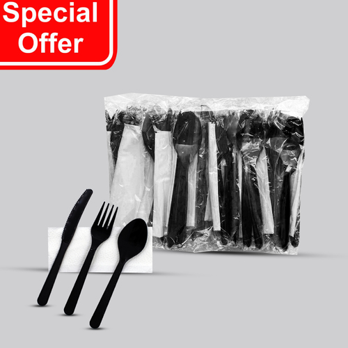 OFFER 20-PACK PLASTIC CUTLERY SET 4 PCS - Pack : Spoone Large Fork Large Knife Large Tissue paper