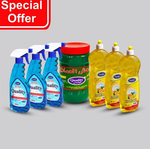 DETERGENTS PACKAGE NO.1 - 3 pcs quality dish wash liquid soap 1 ltr - Lemon 3 pcs quality glass cleaner 675 ml 1 pcs quality green gel 1 kg