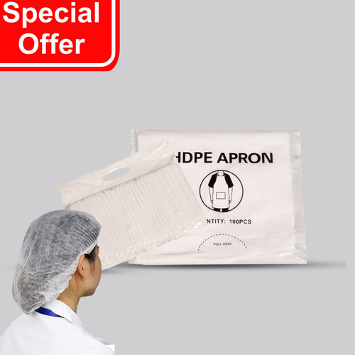 OFFER PACKET 100-PCS PLASTIC APRON + PACKET 100-PCS DISPOSABLE HEAD COVER