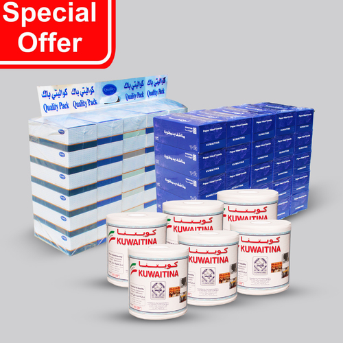 NAPKINS PACKAGE - Carton 30 pcs quality tissue box 150 sheets 2plyCarton 25 pcs kuwaitina towel box 100 sheets 2plyCarton 6 pcs kuwaitina tissue roll 800 gm