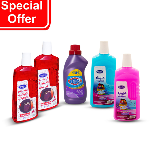 CLOTHES DETERGENT PACKAGE - 2 pieces quality shampoo abaya 1ltr 2 pieces fabric softener and perfume 1ltr 1 pieces Clorox for colored
