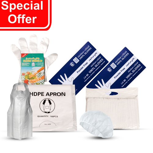 PREVENTION PACKAGE - 2 packets vinyl gloves powder free 1 packet 50 hand shield - plastic clear 1 packet 100 pieces plastic apron clear 1 packet 100 pieces head cover cotton