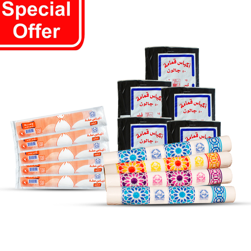 TABLE SHEETS & GARBAGE BAGS PACKAGE - 4 pcs table sheets 22 pcs colored 5 packet 15 trash bags 50 gallons ( 103 × 84 ) 5 pcs garbage basket roll 8 gallons