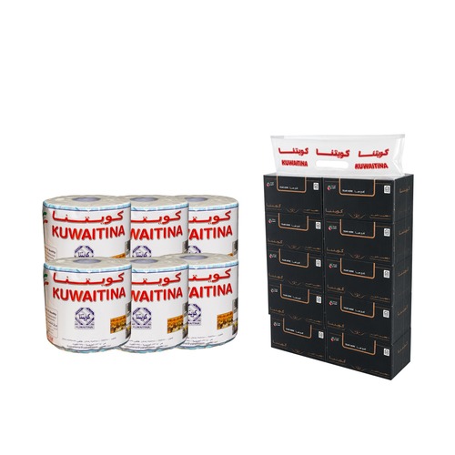 OFFER 10PIECES KUWAITINA FACIAL TISSUE BOX 600 SHEETS + CARTON 6 PCS KUWAITINA TISSUE ROLL 400GM