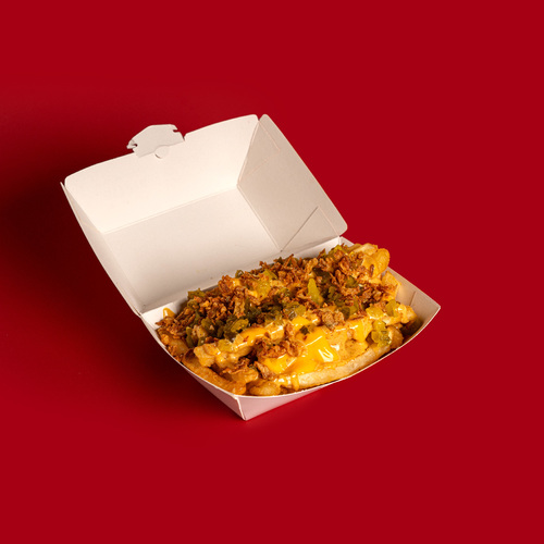 Curry Fries - Indulge in our Curry Fries, a flavorful fusion of crispy French fries, tangy curry sauce, creamy cheese sauce, crunchy onions, and a spicy kick of jalapenos and pickles.