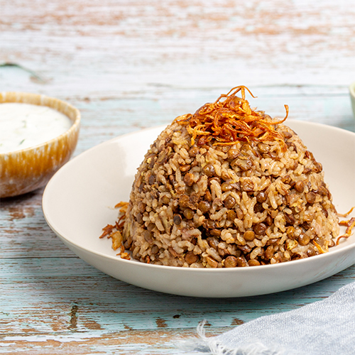 Levant - Mujaddara - Cooked lentils mixed with rice garnished with fried onions and served with cucumber yogurt salad