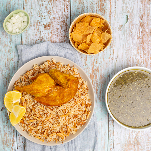 Soft Molokhia with Chicken - Served with Half Fried Chicken , Vermicelli rice, toated bread and onions in viniger sauce