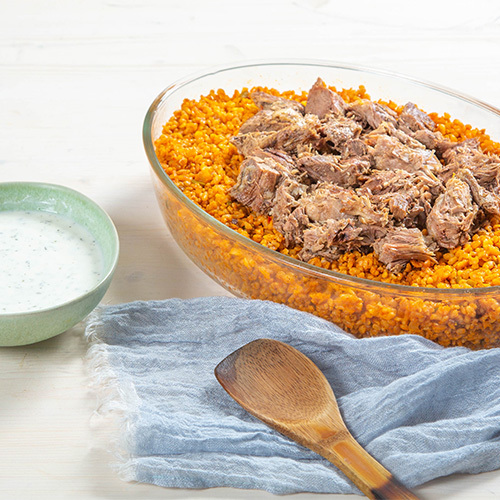 Tomato Bulgur with Meat Gathering - Country style tomato bulgur served with meat cooked in levant special sauce 
 Enough for 6 people