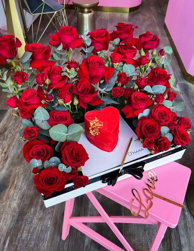 Lovely - A big box roses and baby roses and heart  red velvet cake good for 3-4