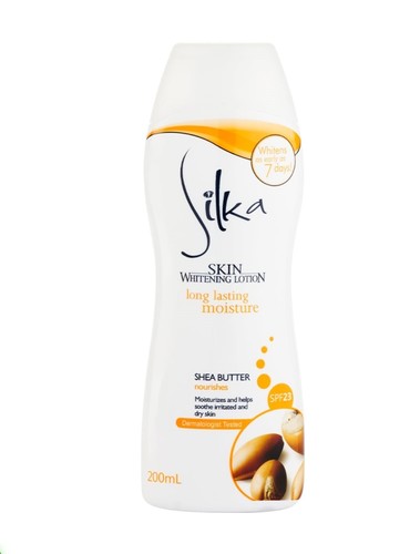 RDL Kuwait - SILKA SKIN WHITENING LOTION SHEA BUTTER SPF23 200ML - Get visibly fairer skin with Silka Skin Whitening Lotion. Its non-greasy formulation with SPF 23 protects your skin from harmful effects of UV rays. With continuous use, you'll notice a smoother, fairer and a more youthful glow on your skin