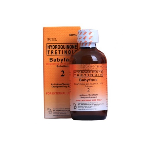 RDL Kuwait - Babyface Solution | Anti-Acne Depigmenting Agent | RDL 2* - Eliminates pimples that appear on the face and hands. Peels off the layer damaged by atmospheric factors such as harmful sun heat. Prevents the appearance of pimples, melasma and freckles on the skin. Gives freshness to the skin and clear clarity. 
 Preparation: Each ml contains 40 mg hydroquinone and 20 micrograms tretinoin 
 Indications: For the topical treatment of acne and pathological hyperpigmentation such as melasma, melasma, freckles and lentigines. 
 How to use: Moisten a piece of cotton with RDL Babyface No. 2 facial solution and apply it gently to the face and neck areas. Do not 
 Rub. Use once or twice a day. 
 Avoid exposure to sunlight when using the product. For better and safer results, use RDL 
 Sunblock cream during the day to provide protection from the sun and RDL Whitening Cream at night 
 Moisturize the skin. 
 Precautions: Avoid excessive exposure to sunlight. Do not use with sunburn until completely healed. 
 Warning: 
 Should not be used for more than two months. 
 Do not apply to broken skin 
 Should not be used by children under twelve (12) years of age. 
 Do not use to treat more than 10% of the total body surface area. 
 Should not be used by pregnant women. 
 Dosage and method of use: Use once or twice daily 
 Storage: Store at a temperature not exceeding 30°C.