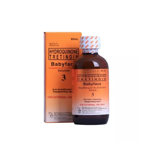 RDL Kuwait - Babyface Solution | Anti-Acne Depigmenting Agent | RDL 3 - The scrub removes dead skin and gets rid of the dull outer layer. It works to remove scattered pigmentation in the skin, which helps to unify skin tone and lighten the skin. 
 Preparation: Each ml contains 40 mg hydroquinone and 20 micrograms tretinoin 
 Indications: For the topical treatment of acne and pathological hyperpigmentation such as melasma, melasma, freckles and lentigines. 
 How to use: Moisten a piece of cotton with RDL Babyface No. 2 facial solution and gently apply it to the face and neck areas. Do not 
 Rub. Use once or twice a day. 
 Avoid exposure to sunlight when using the product. For better and safer results, use RDL 
 Sunblock cream during the day to provide sun protection and RDL Whitening Cream at night 
 Moisturize the skin. 
 Precautions: Avoid excessive exposure to sunlight. Do not use with sunburn until completely healed. 
 Warning: 
 Should not be used for more than two months. 
 Do not apply to broken skin 
 Should not be used by children under twelve (12) years of age. 
 Do not use to treat more than 10% of the total body surface area. 
 Should not be used by pregnant women. 
 Dosage and method of use: Use once or twice daily 
 Storage: Store at a temperature not exceeding 30°C.