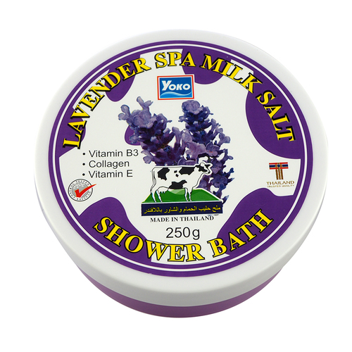 YOKO LAVENDER SPA MILK SALT SHOWER BATH (250 g.) - مقشر الملح السبا المخلوط مع كريم الاستحمام وصفة اللافندر يساعد على تقشير بشرتك بلطف. ويساعد أيضًا على حماية البشرة من الجذور الحرة التي تسبب التجاعيد المبكرة، ويعيد ترميم البشرة وتكييفها. ذو رائحة خفيفة تساعدك على الشعور بالاسترخاء. الإنتعاش أثناء الإستحمام كيفية الاستخدام صب كمية معتدلة من الملح في راحة يدك. دلكيها على البشرة المبللة بحركات دائرية أو استخدميها مع الصابون واتركيها لمدة 3 دقائق ثم اشطفيها.