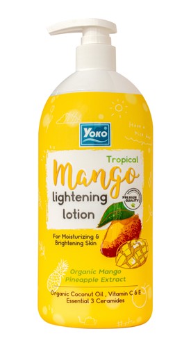 YOKO TROPICAL MANGO LIGHTENING LOTION - Yoko Tropical Mango Lightening Lotion (Body Care Product) Say goodbye to dull and lifeless skin with smooth, soft, and radiant skin. Combined with the power of 3 organic mangoes, organic coconut oil, and pineapple extract, it helps protect skin from dryness and gives an even skin tone. It also has Essential Ceramides as a shield to protect skin from moisture loss, along with multivitamins that help restore and nourish skin for a brighter complexion. This light lotion is quickly absorbed and suitable for all skin types. How to use: Apply to the skin all over the body as often as needed.