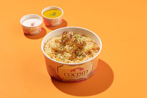 Meat Biryani - Grass fed meat biryani cooked with basmati rice and our special spices comes with cochin special curry and Raita Sauce. 570 kcal