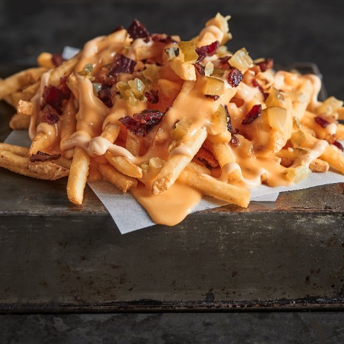 Bad Fries - Fresh Fries,Chopped bacon, creamy cheese, chopped pickles, mustard, badbun sauce