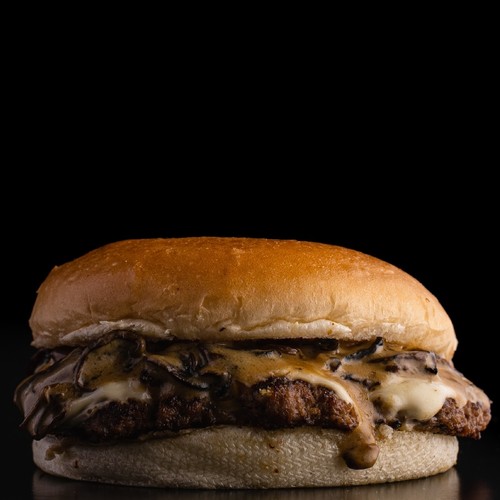 Bad Mushroom Burger - single beef patty  Swiss cheese creamy mushroom sauce