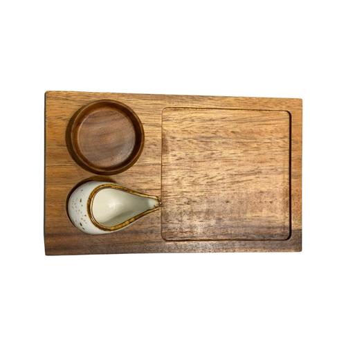 The Table Outfits - Wood plate - 3 pcs set  Wood plate with bowl And sauce container  Size 25*15.5 cm