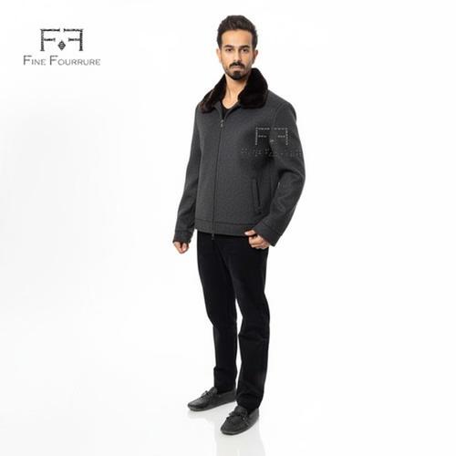 Cashmere Jacket With Cotton Lining, Pocket Stich And Rex Rabbit Fur -0108- Dark Gray